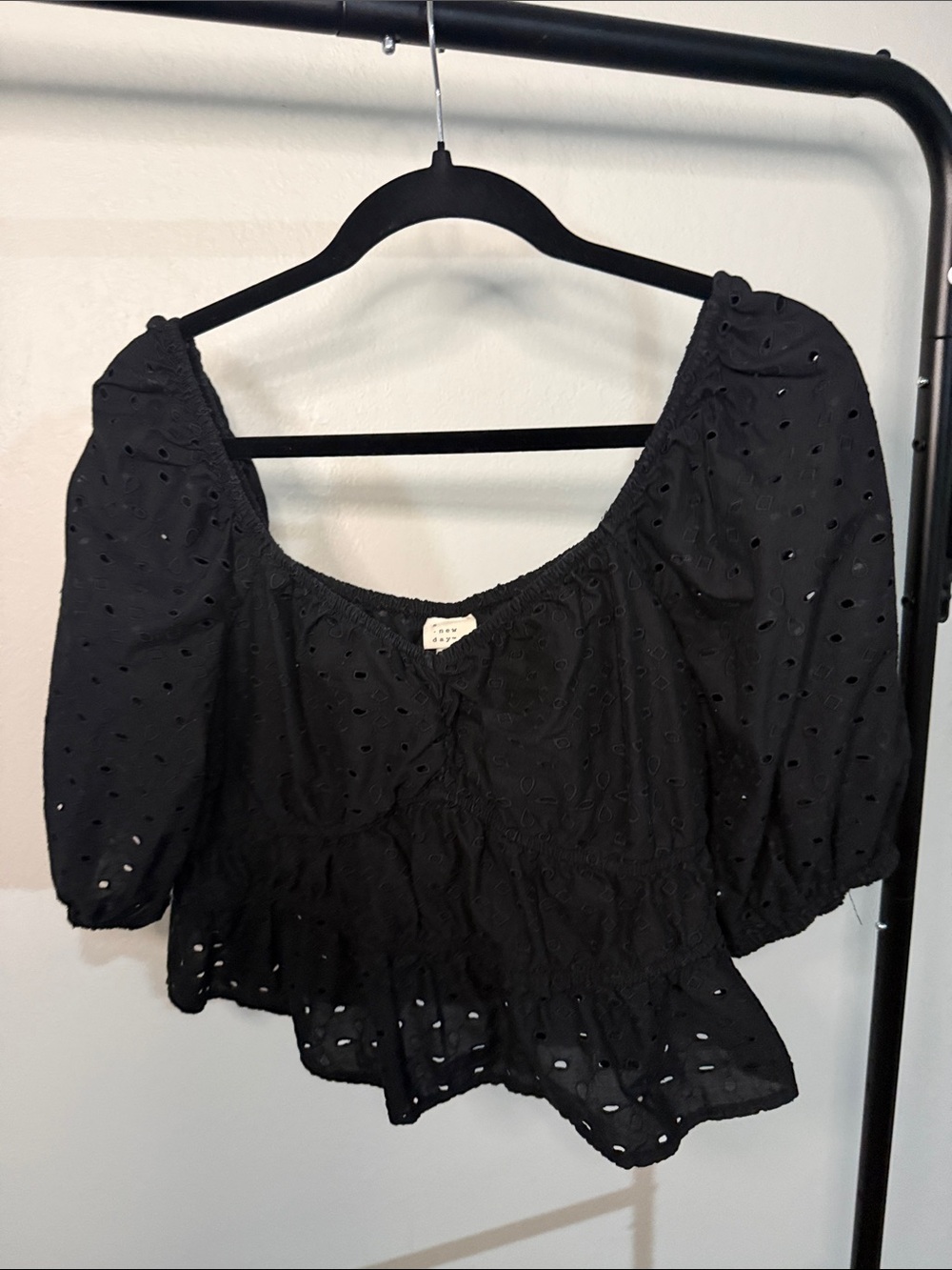 a new day Black Eyelet Puff-Sleeve Peplum Top